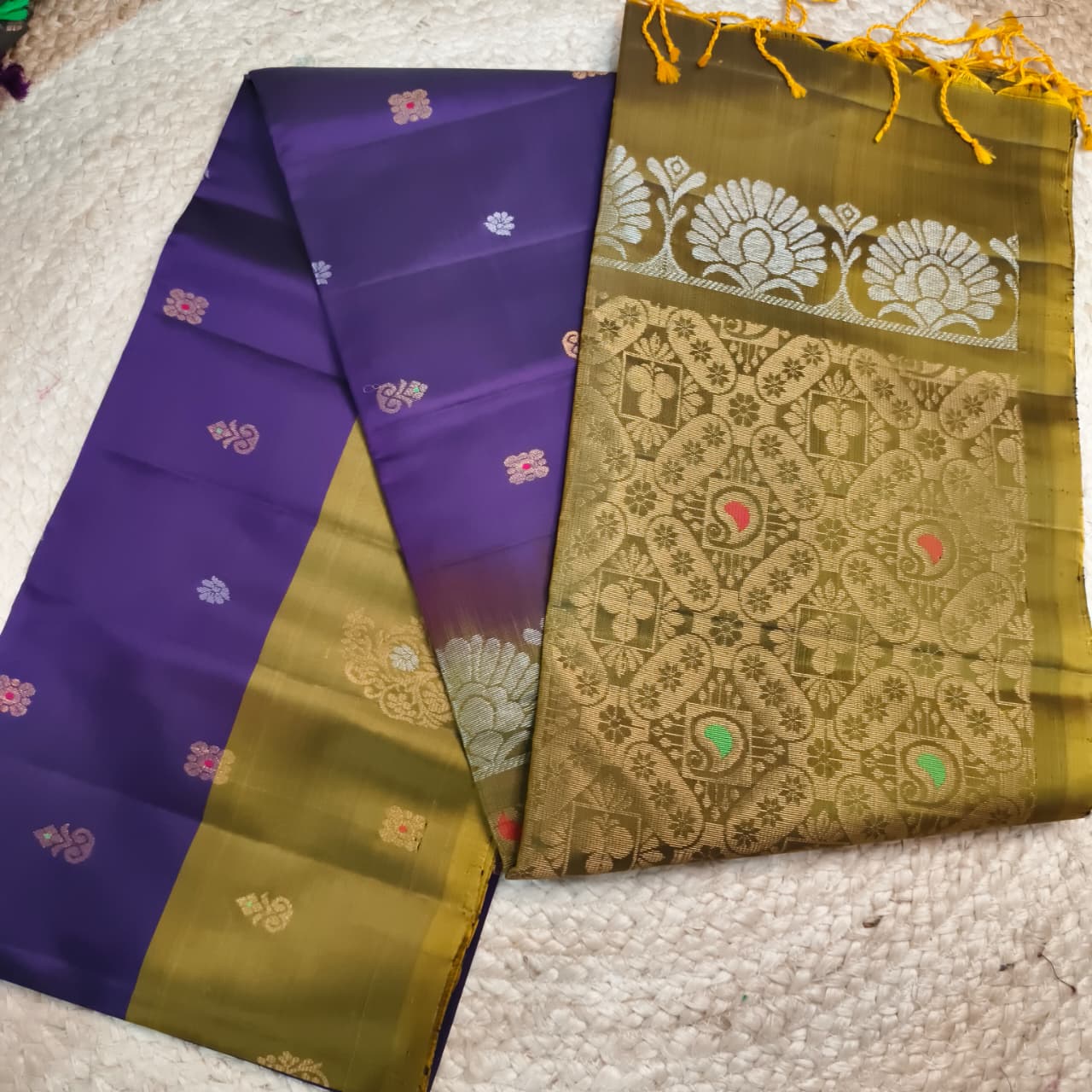 Soft Silk Saree – Olive Gold and Purple Contrast with buttas