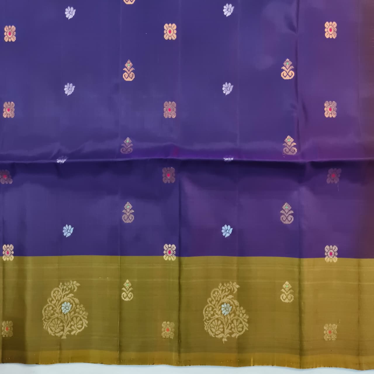 Soft Silk Saree – Olive Gold and Purple Contrast with buttas