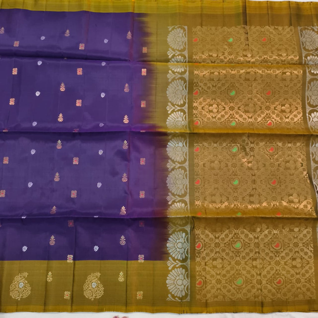 Soft Silk Saree – Olive Gold and Purple Contrast with buttas