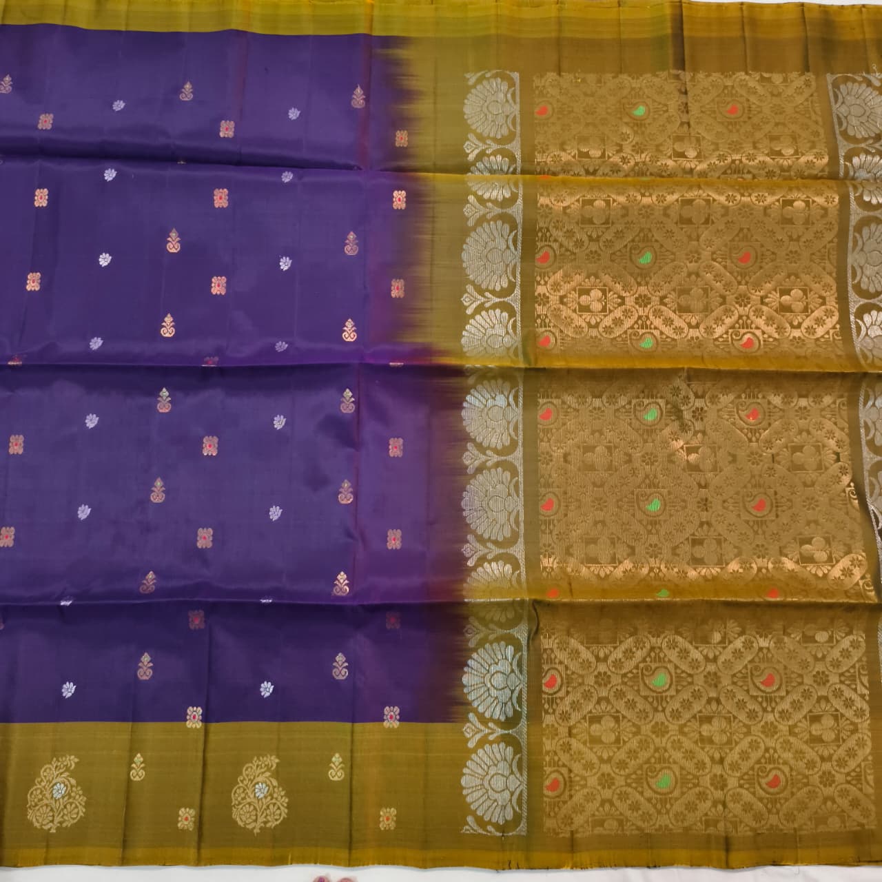 Soft Silk Saree – Olive Gold and Purple Contrast with buttas