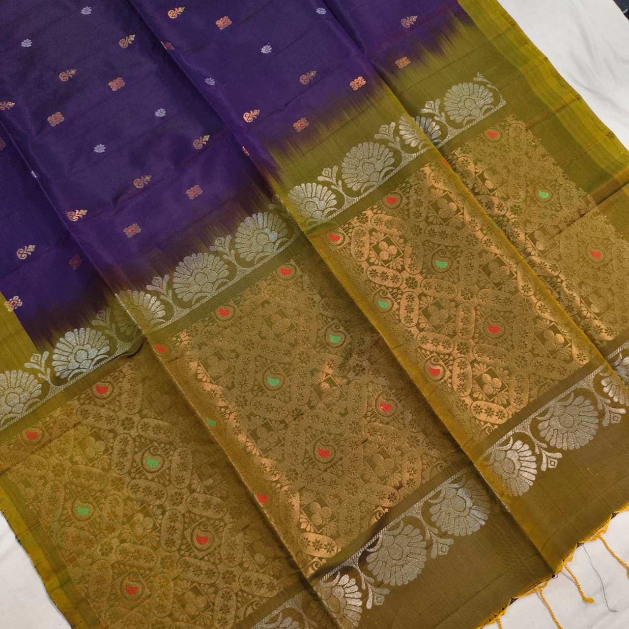 Soft Silk Saree – Olive Gold and Purple Contrast with buttas