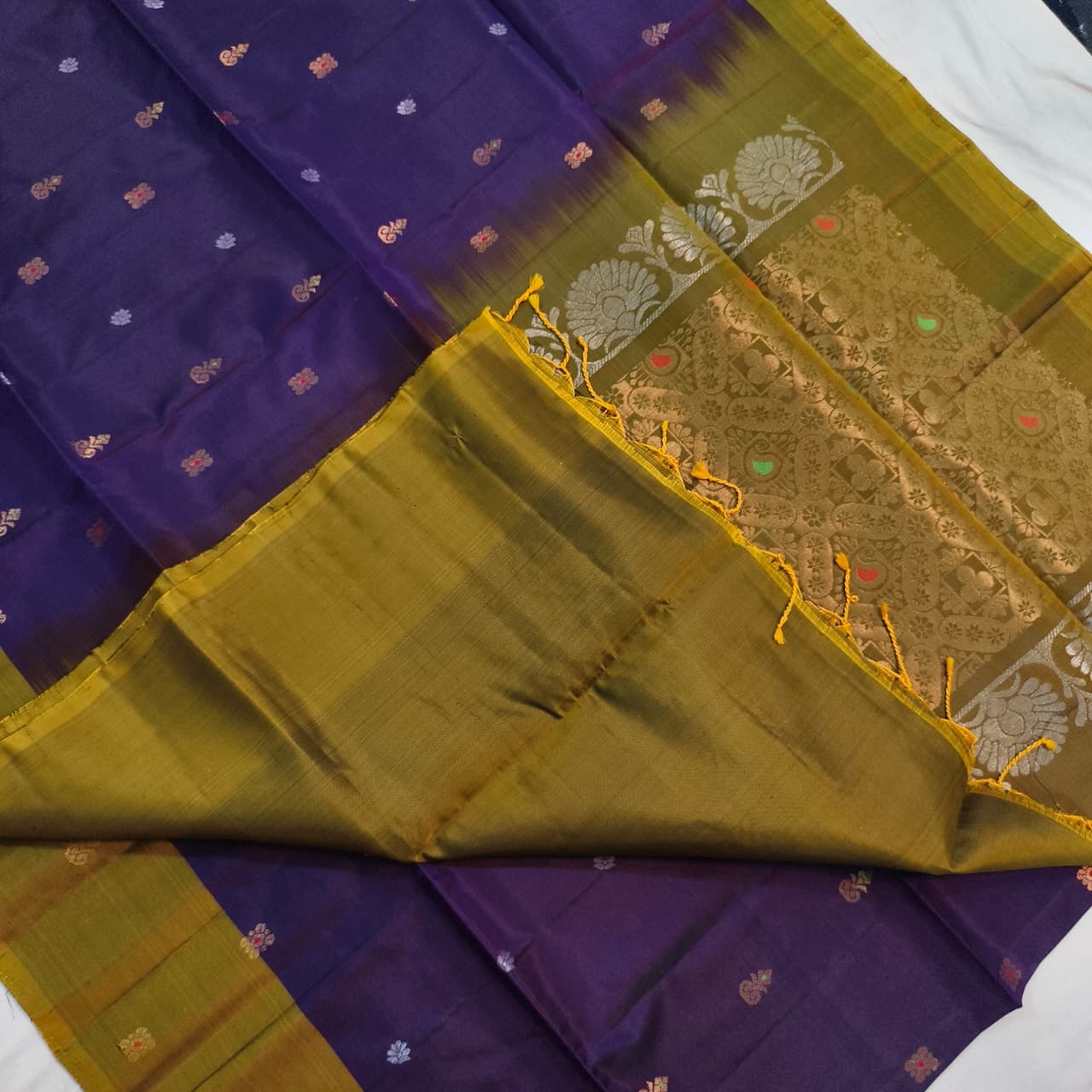 Soft Silk Saree – Olive Gold and Purple Contrast with buttas