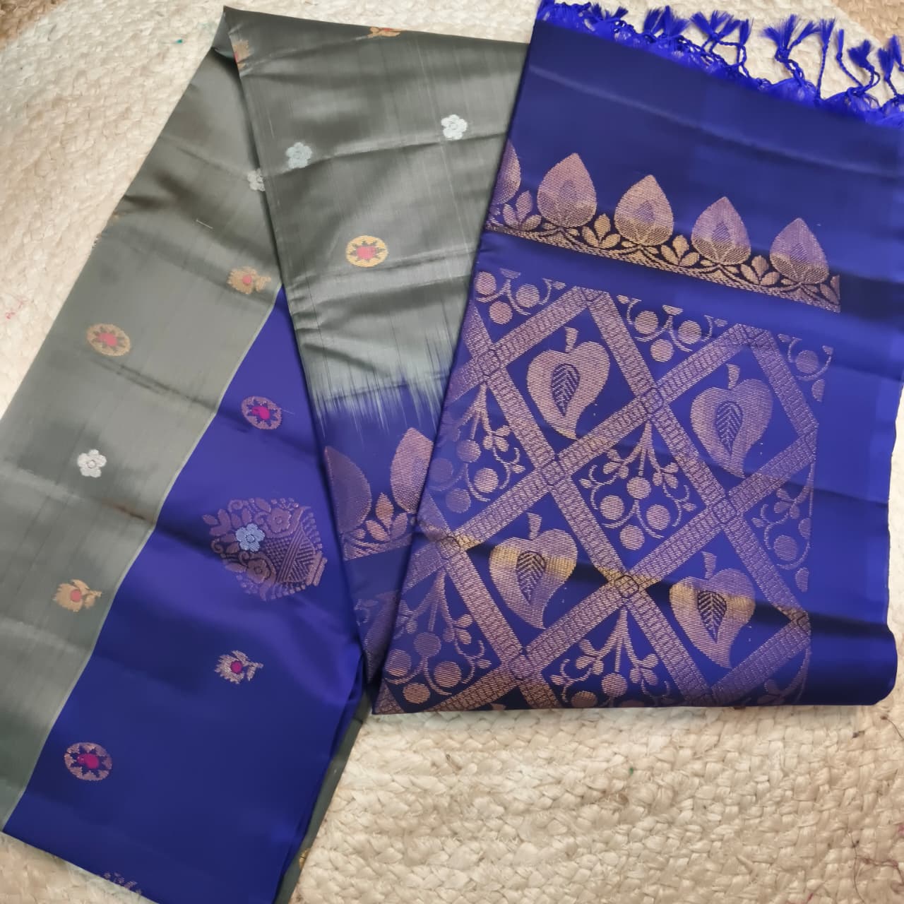 Soft Silk Saree – Grey and Blue Contrast
