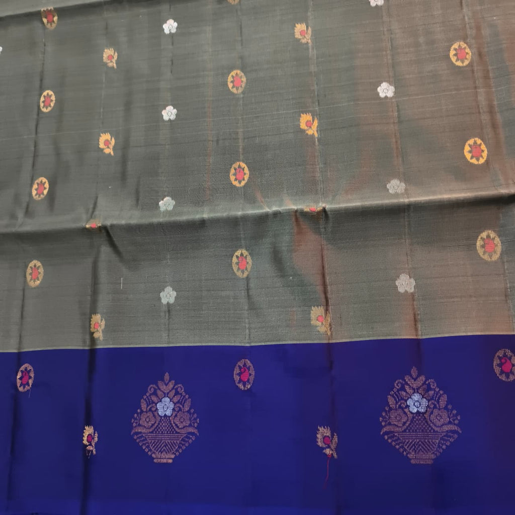 Soft Silk Saree – Grey and Blue Contrast