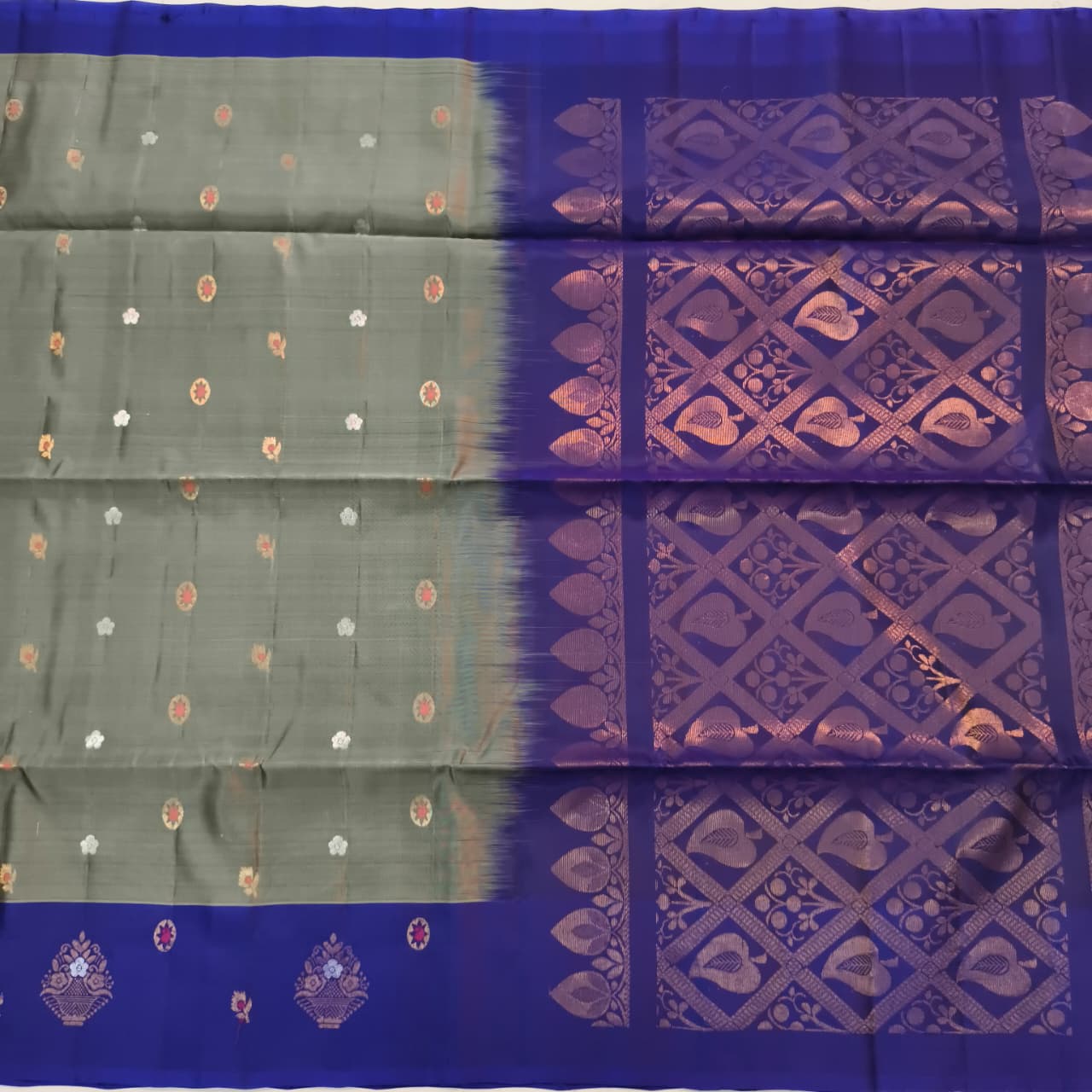 Soft Silk Saree – Grey and Blue Contrast