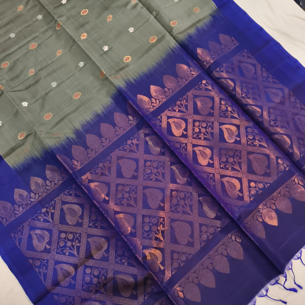 Soft Silk Saree – Grey and Blue Contrast
