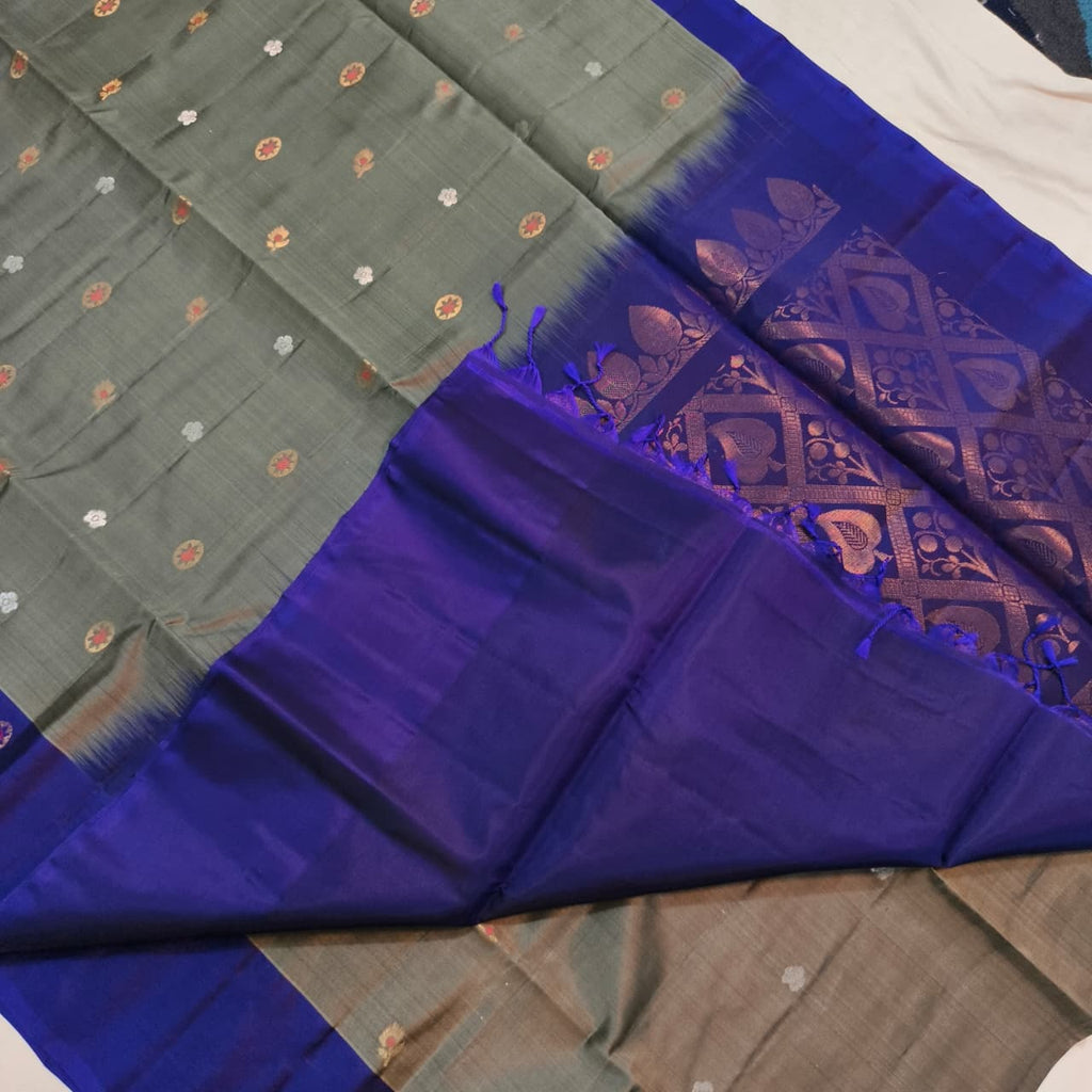 Soft Silk Saree – Grey and Blue Contrast