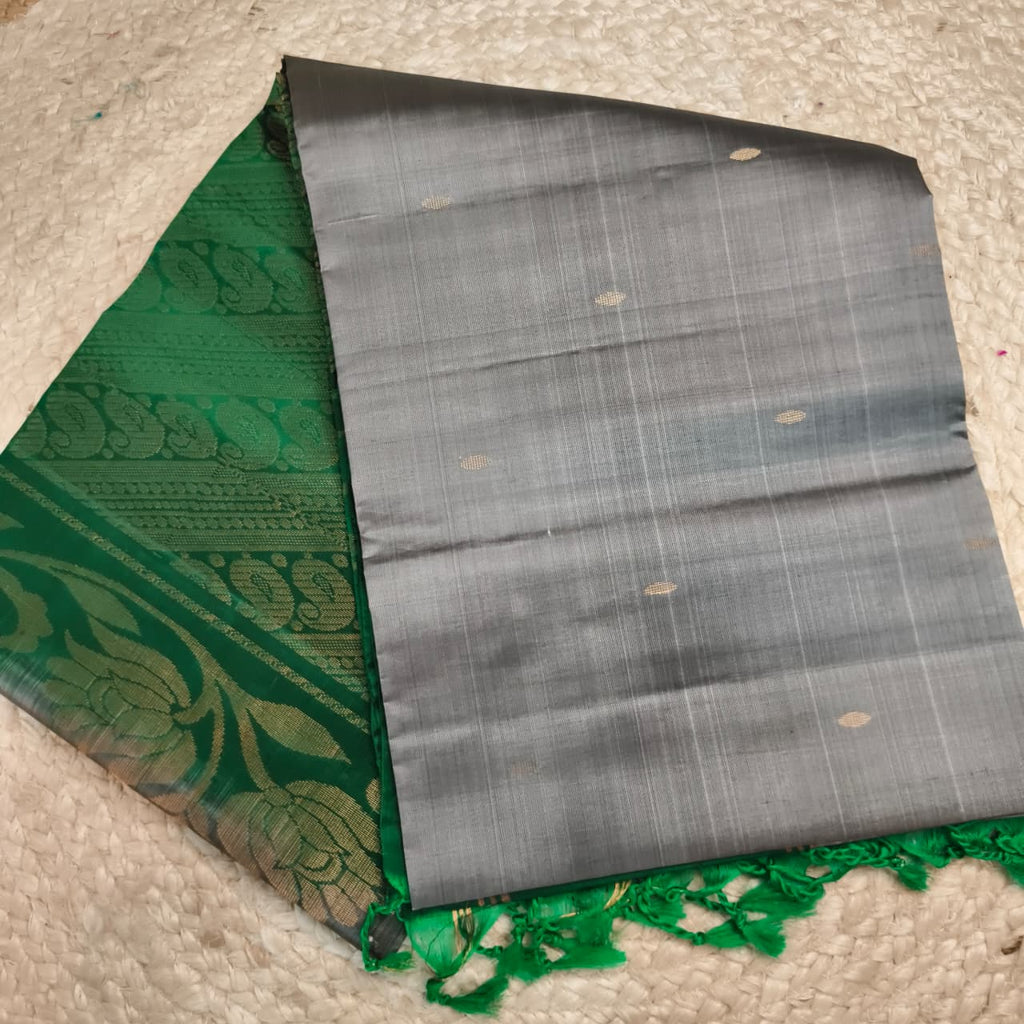 Soft Silk Saree – Grey and Green Contrast