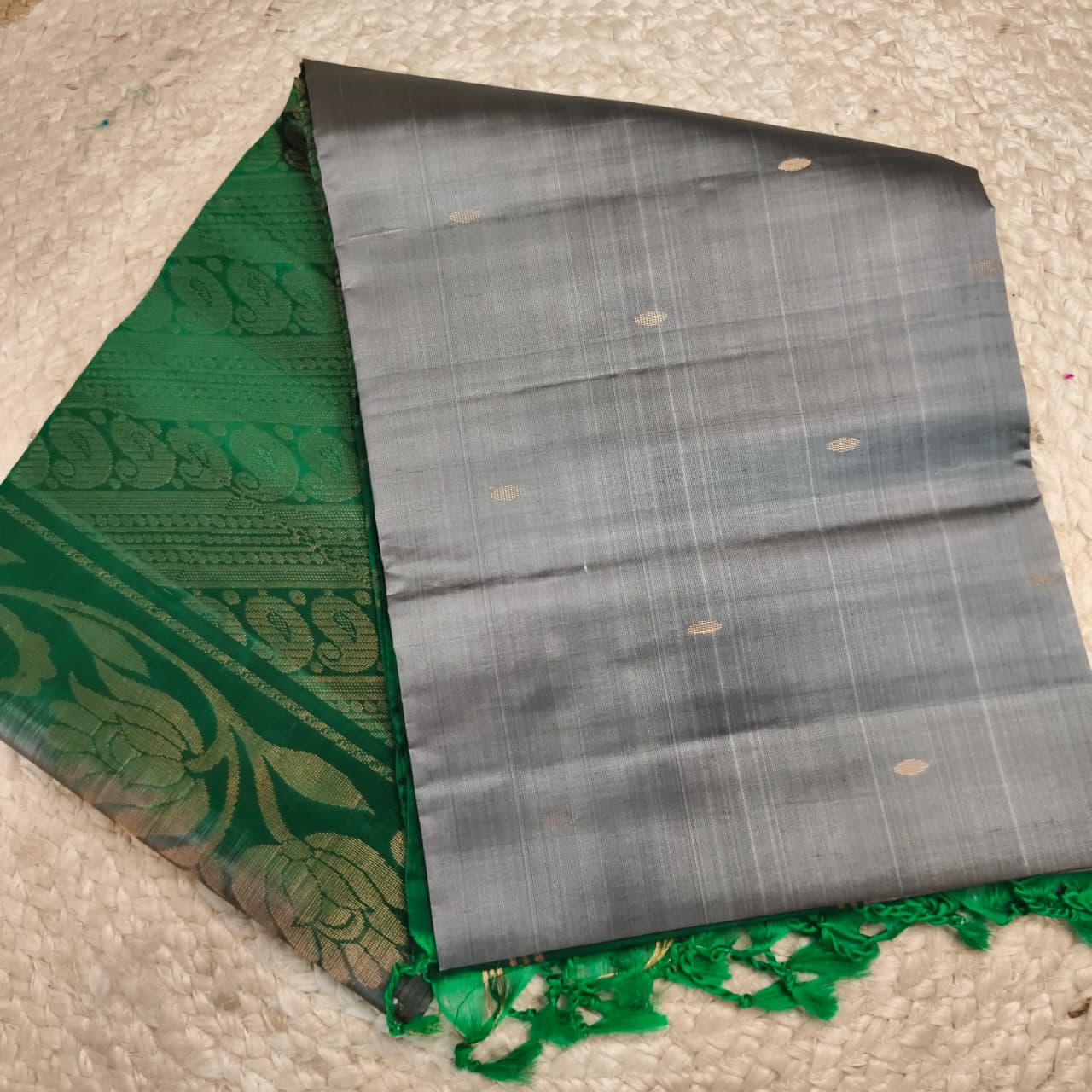 Soft Silk Saree – Grey and Green Contrast