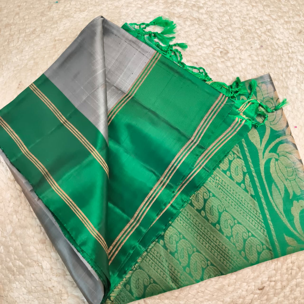Soft Silk Saree – Grey and Green Contrast