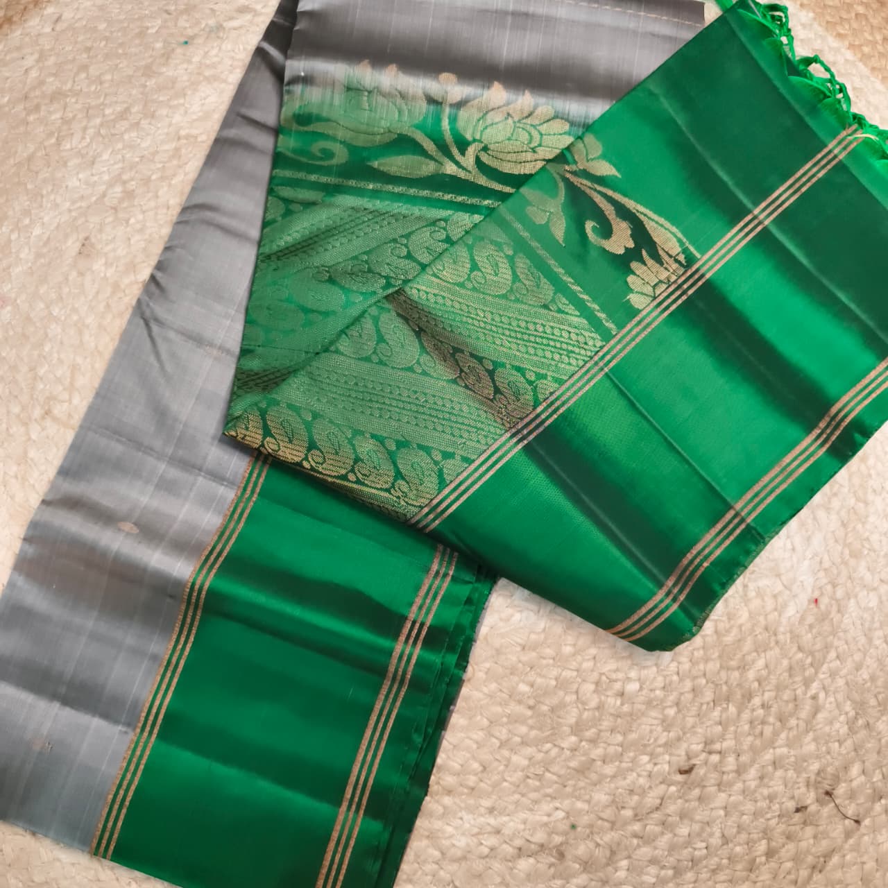 Soft Silk Saree – Grey and Green Contrast