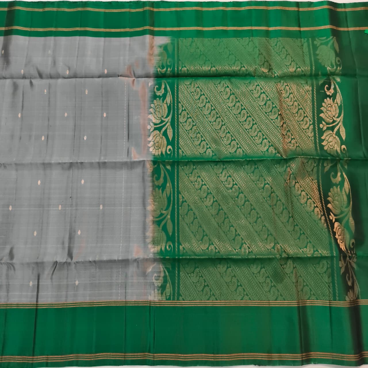 Soft Silk Saree – Grey and Green Contrast