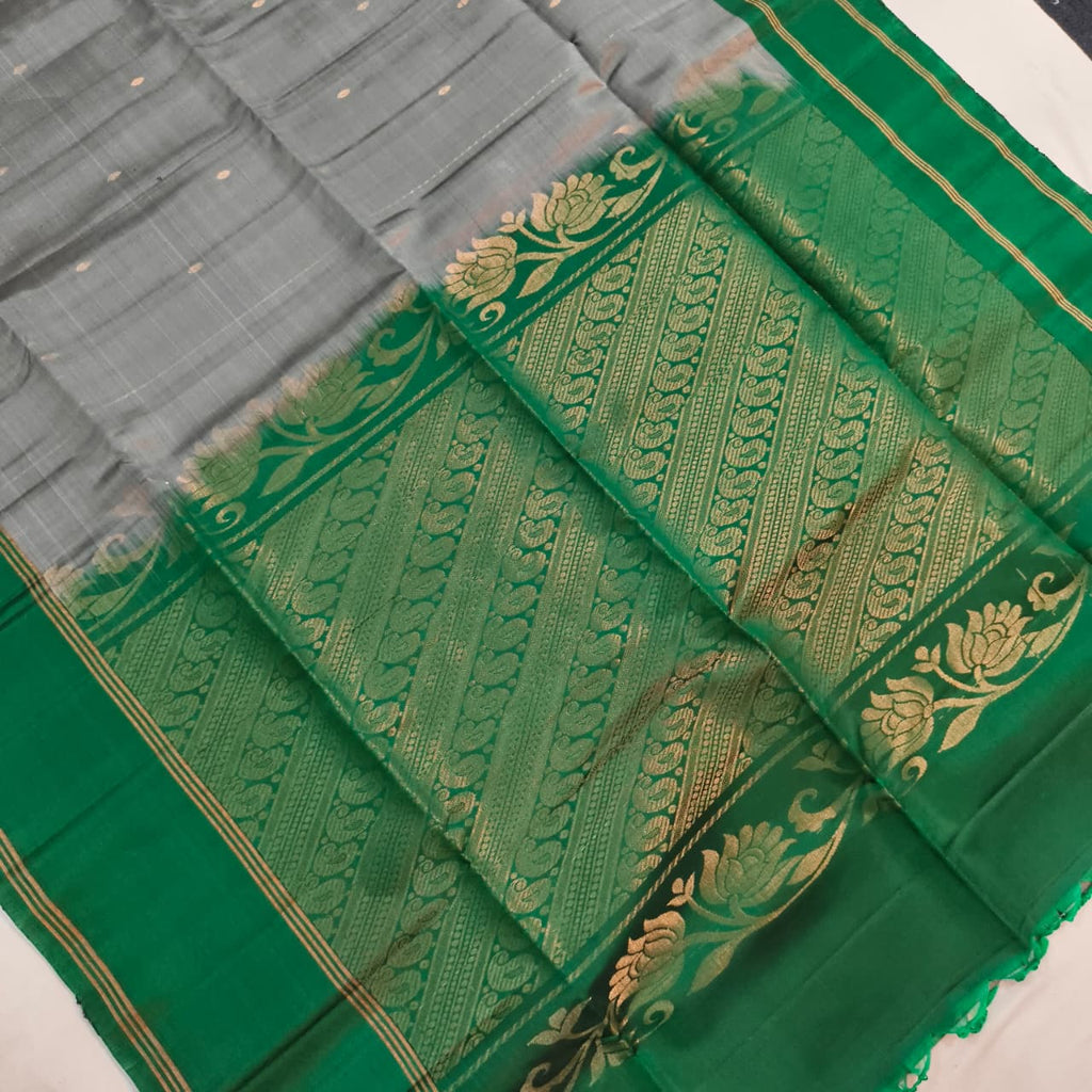 Soft Silk Saree – Grey and Green Contrast