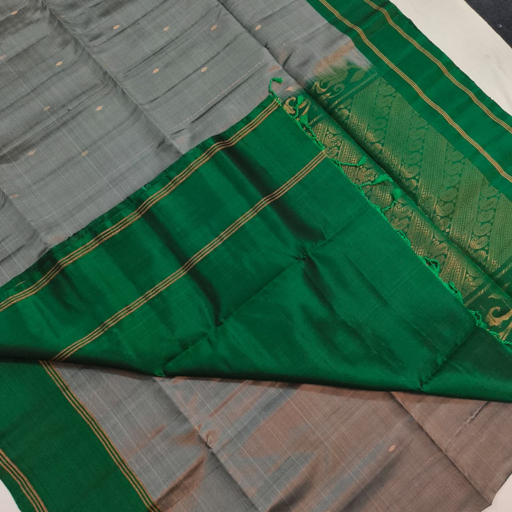 Soft Silk Saree – Grey and Green Contrast