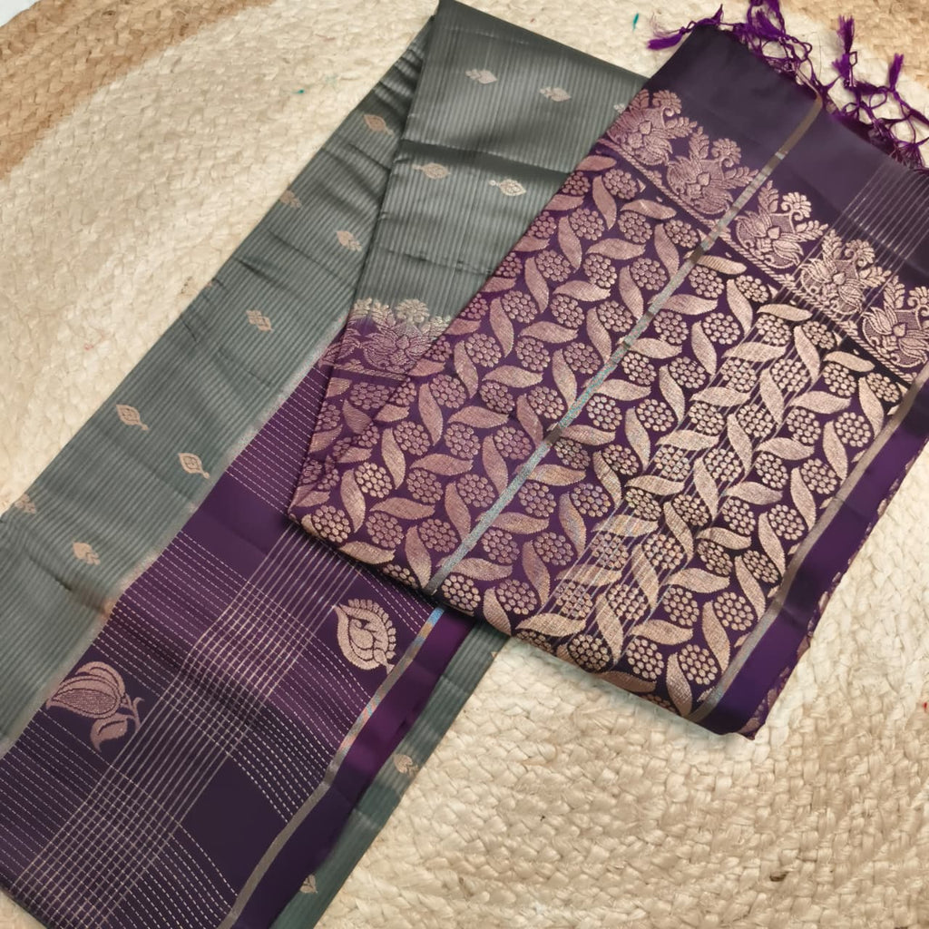 Soft Silk Saree – Grey and Deep Wine