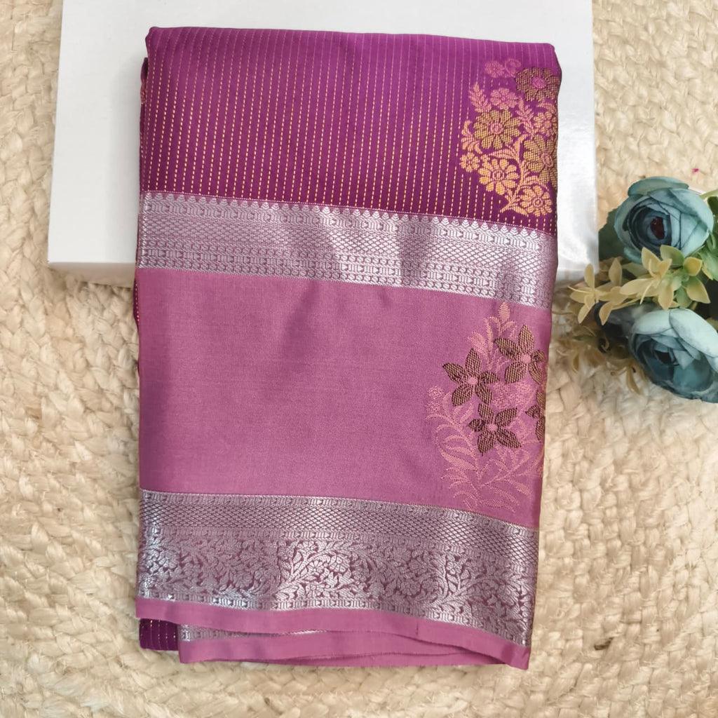 Semi Kanchipuram Silk Saree- Magenta and light Pink Contrast