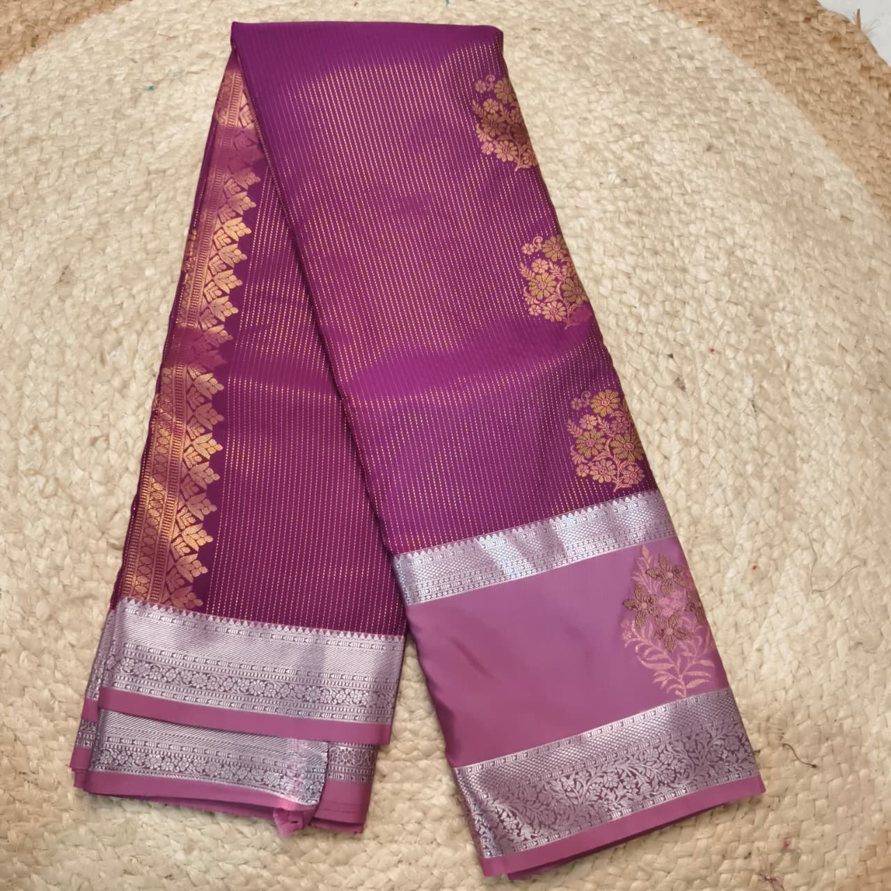 Semi Kanchipuram Silk Saree- Magenta and light Pink Contrast