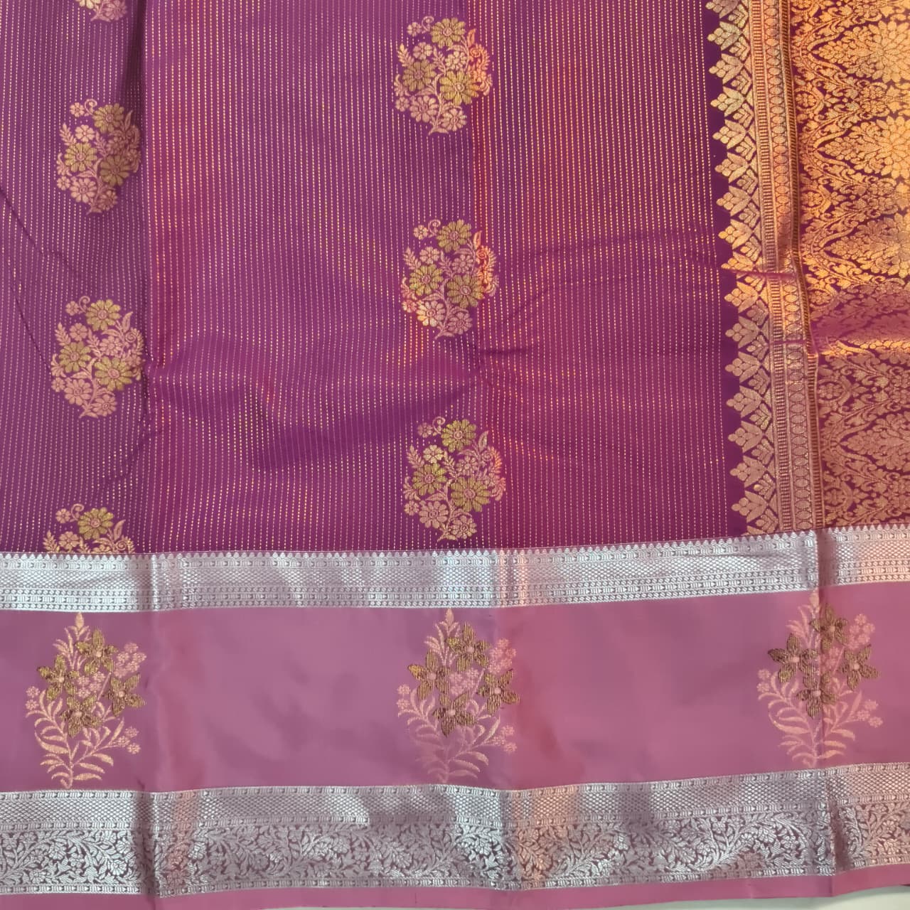 Semi Kanchipuram Silk Saree- Magenta and light Pink Contrast