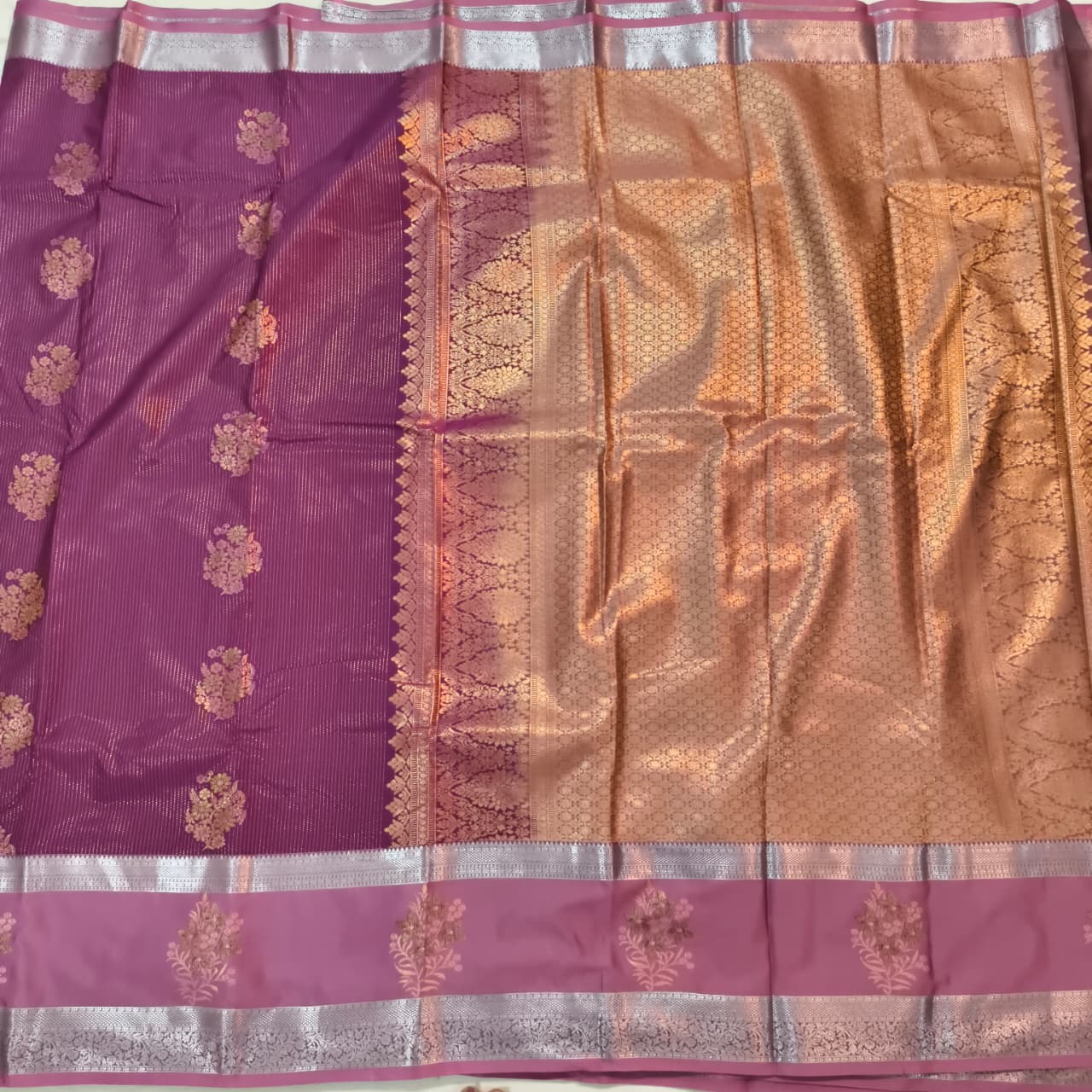 Semi Kanchipuram Silk Saree- Magenta and light Pink Contrast