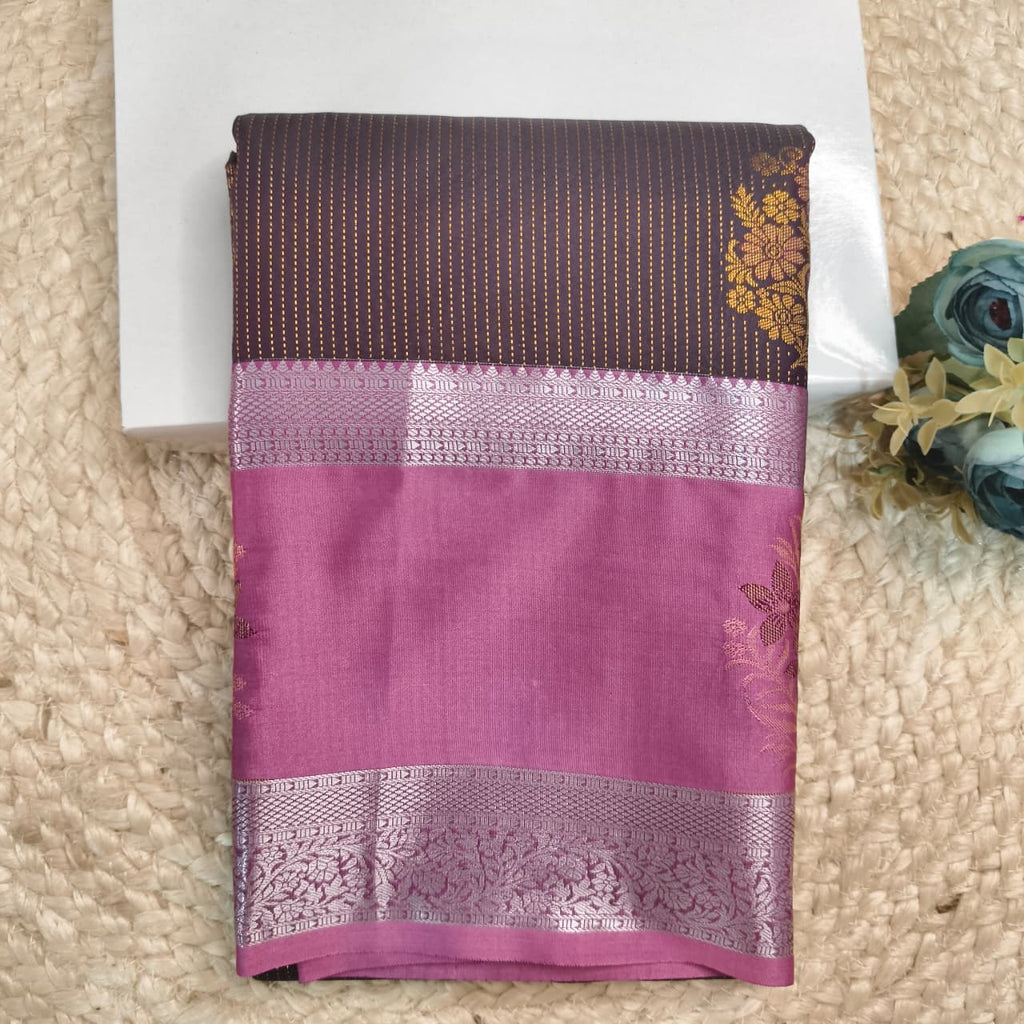 Semi Kanchipuram Silk Saree- Deep Chocolate and Light Pink Contrast