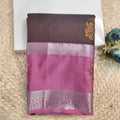 Semi Kanchipuram Silk Saree- Deep Chocolate and Light Pink Contrast