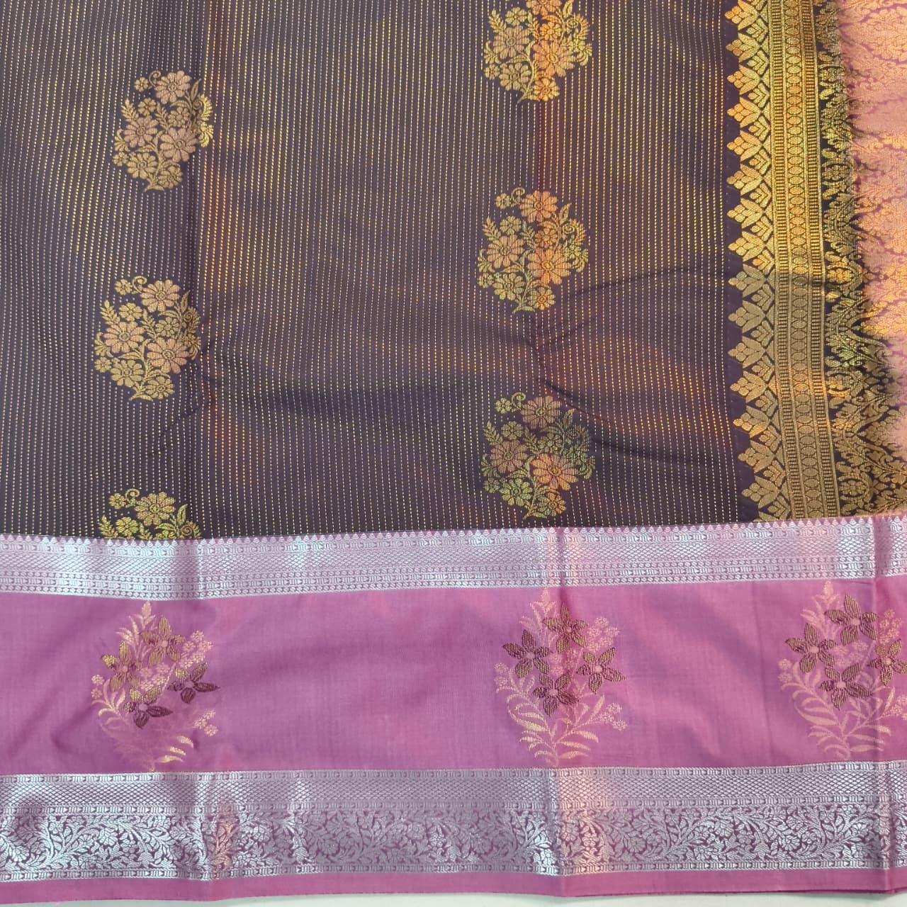 Semi Kanchipuram Silk Saree- Deep Chocolate and Light Pink Contrast