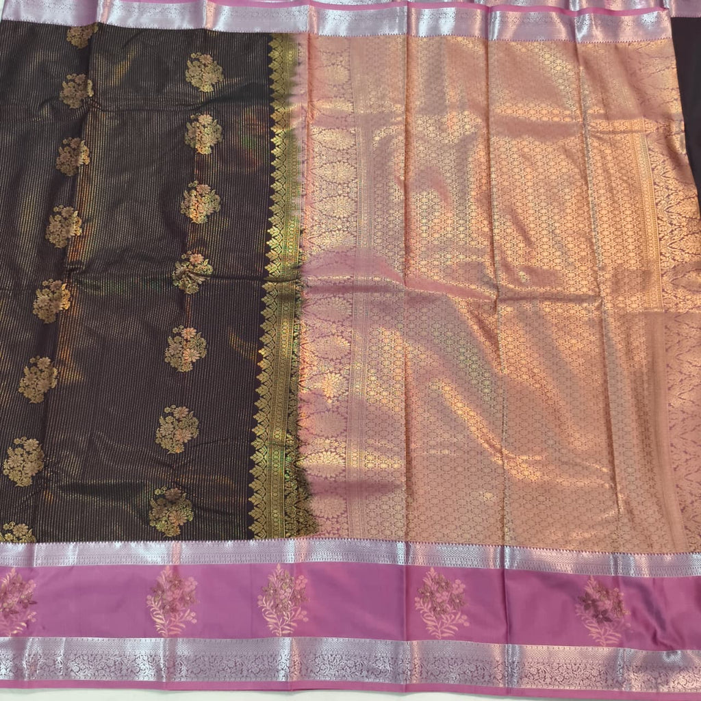 Semi Kanchipuram Silk Saree- Deep Chocolate and Light Pink Contrast