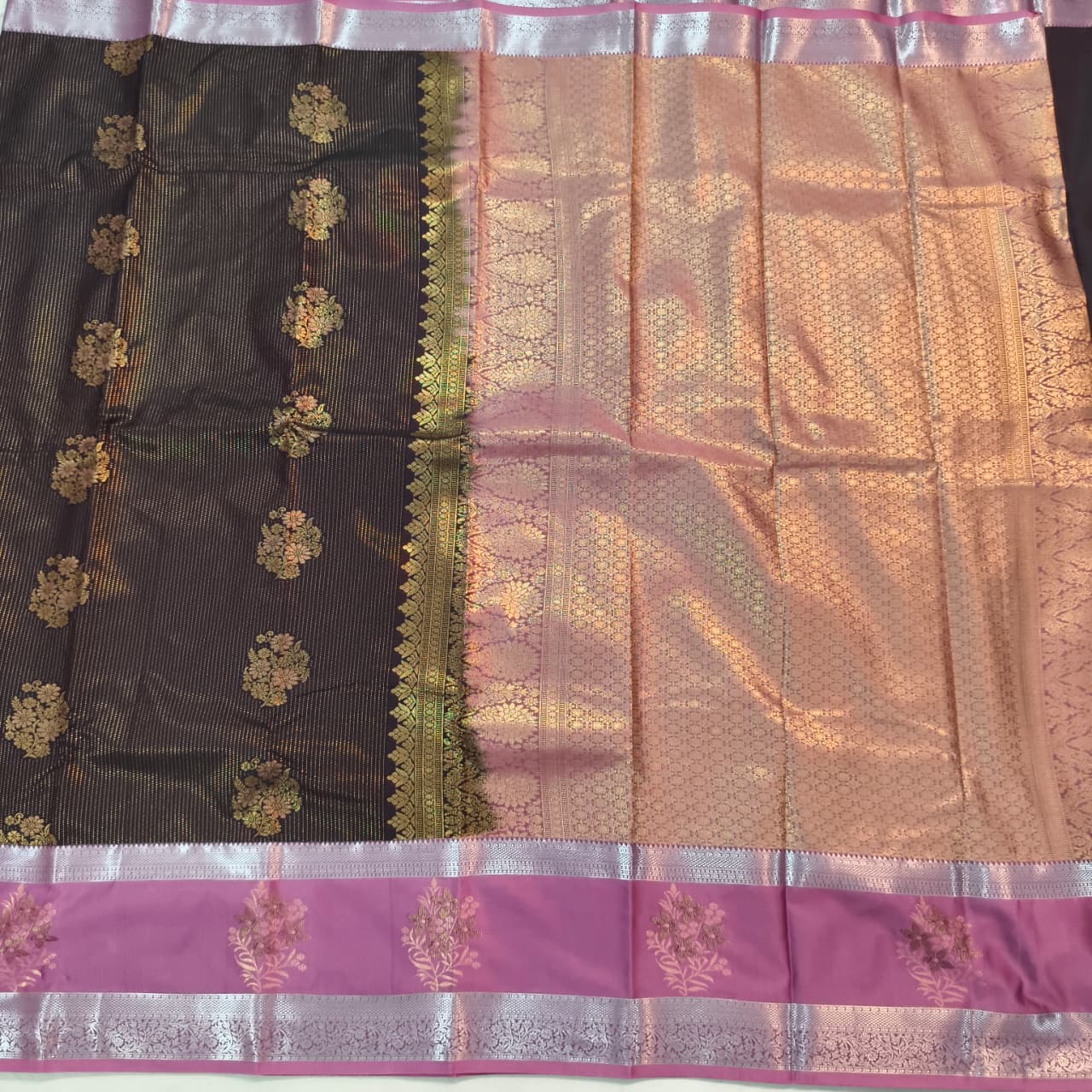 Semi Kanchipuram Silk Saree- Deep Chocolate and Light Pink Contrast