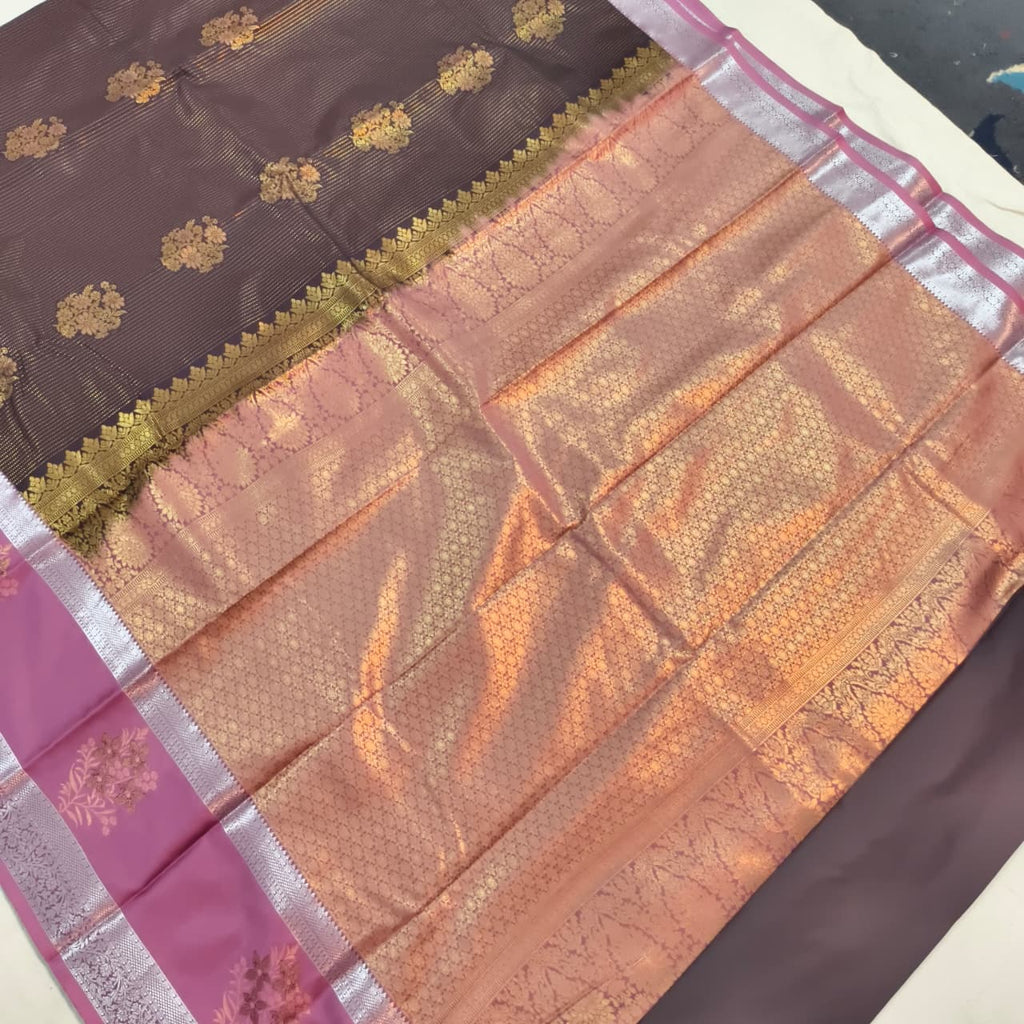 Semi Kanchipuram Silk Saree- Deep Chocolate and Light Pink Contrast