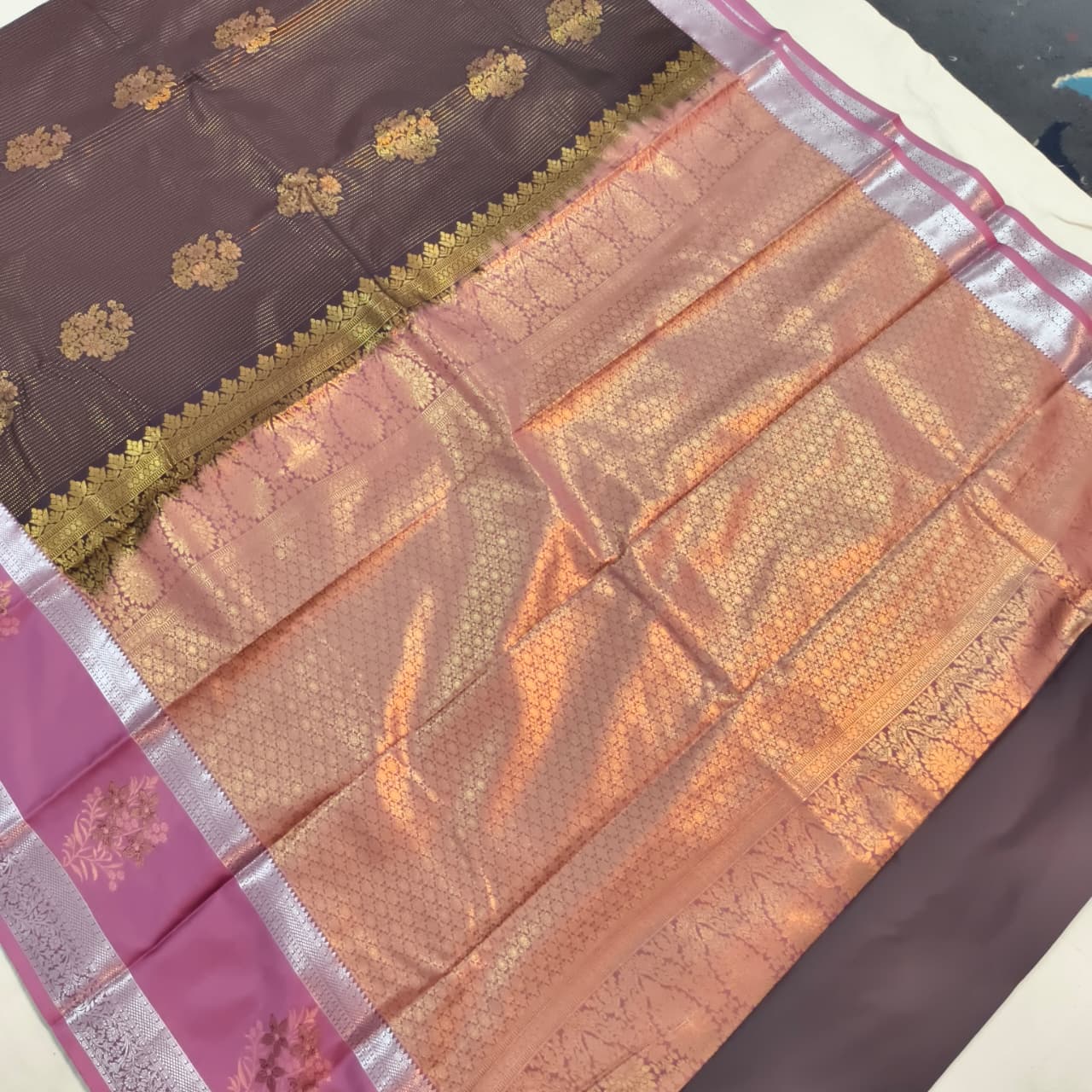 Semi Kanchipuram Silk Saree- Deep Chocolate and Light Pink Contrast