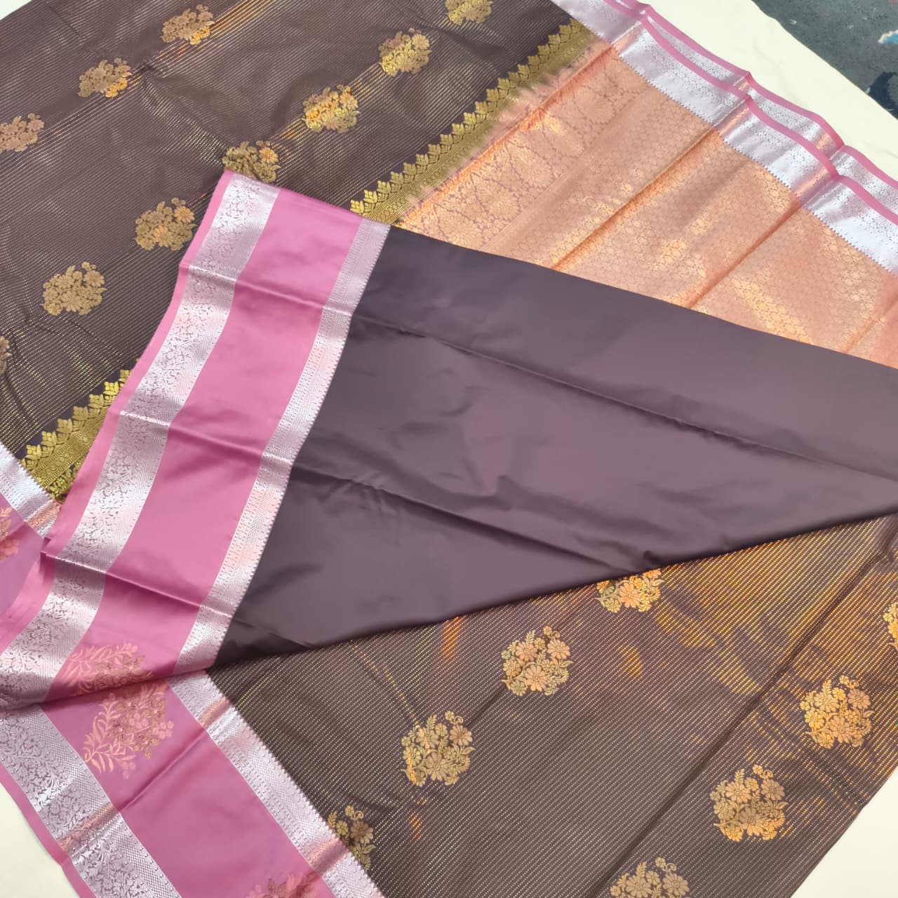 Semi Kanchipuram Silk Saree- Deep Chocolate and Light Pink Contrast