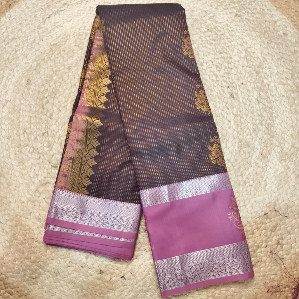 Semi Kanchipuram Silk Saree- Deep Chocolate and Light Pink Contrast