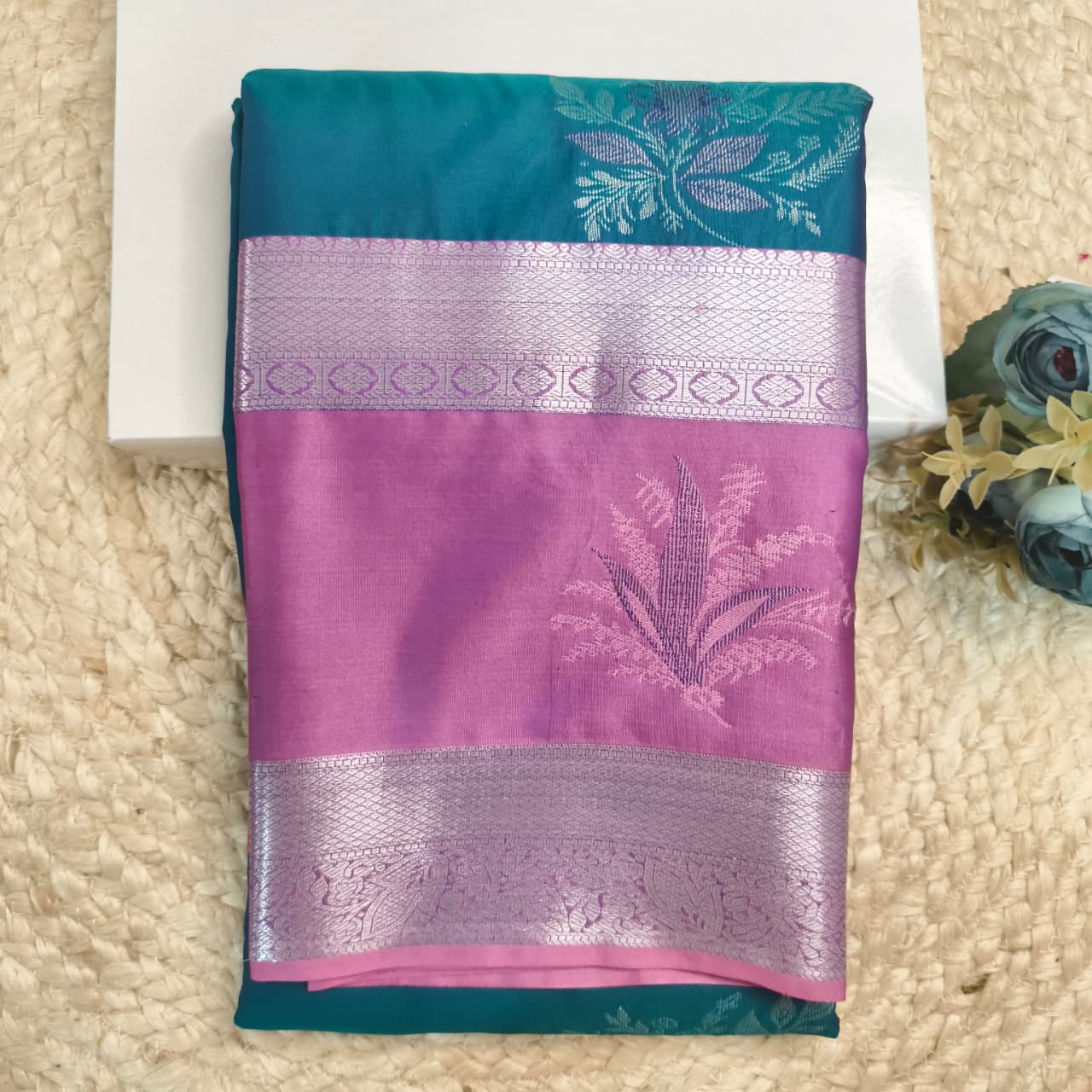 Semi Kanchipuram Silk Saree- Peacock Blue and Light Pink Contrast