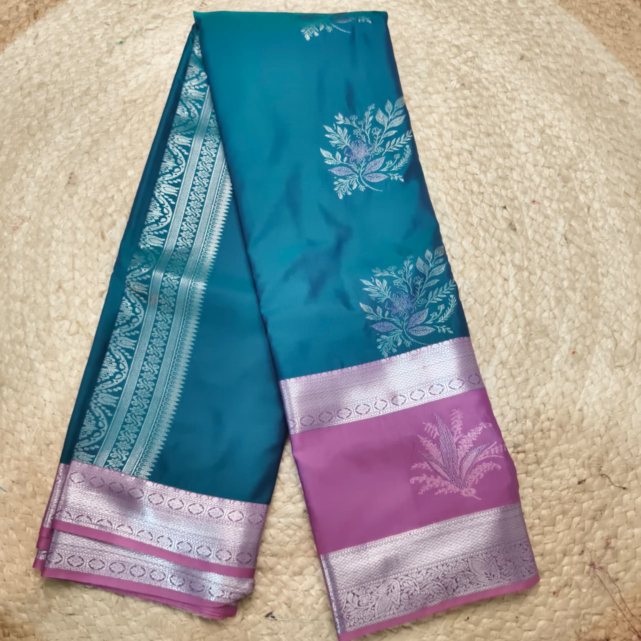 Semi Kanchipuram Silk Saree- Peacock Blue and Light Pink Contrast