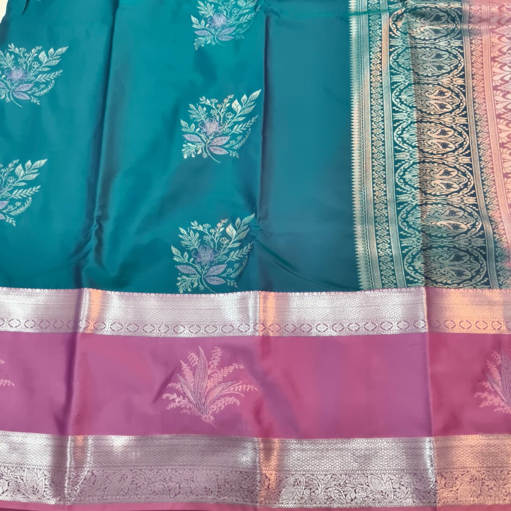 Semi Kanchipuram Silk Saree- Peacock Blue and Light Pink Contrast