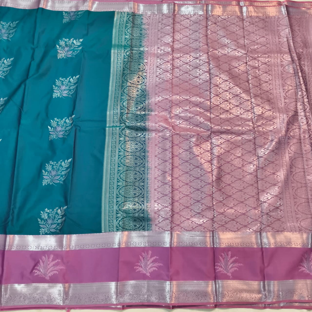 Semi Kanchipuram Silk Saree- Peacock Blue and Light Pink Contrast