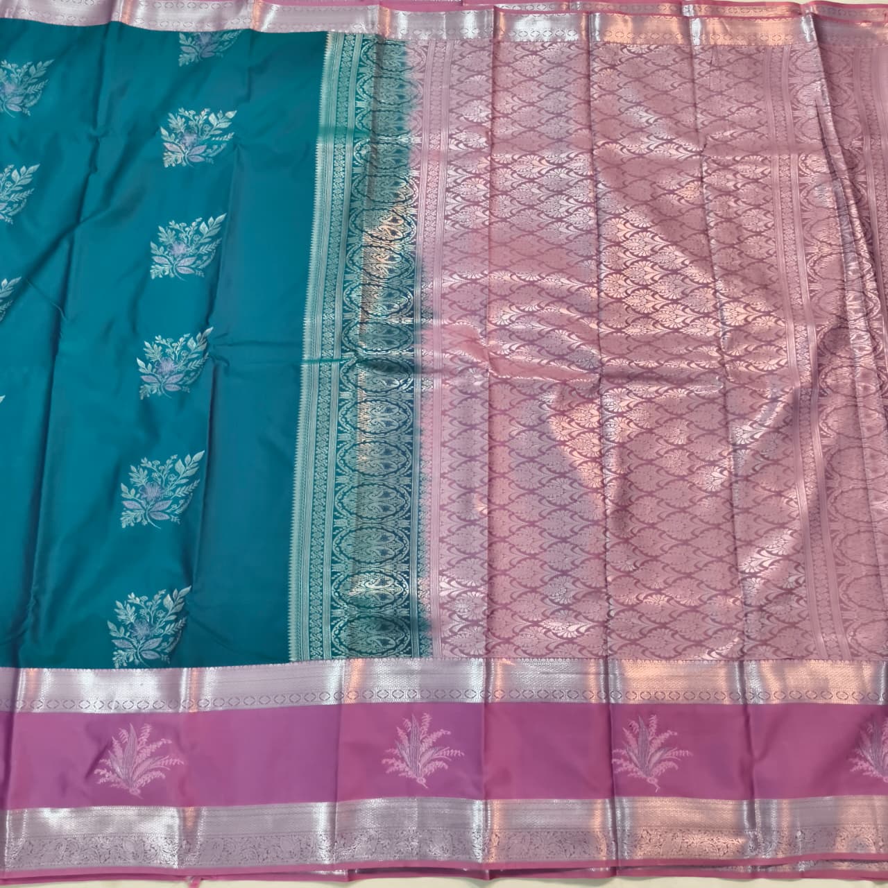 Semi Kanchipuram Silk Saree- Peacock Blue and Light Pink Contrast