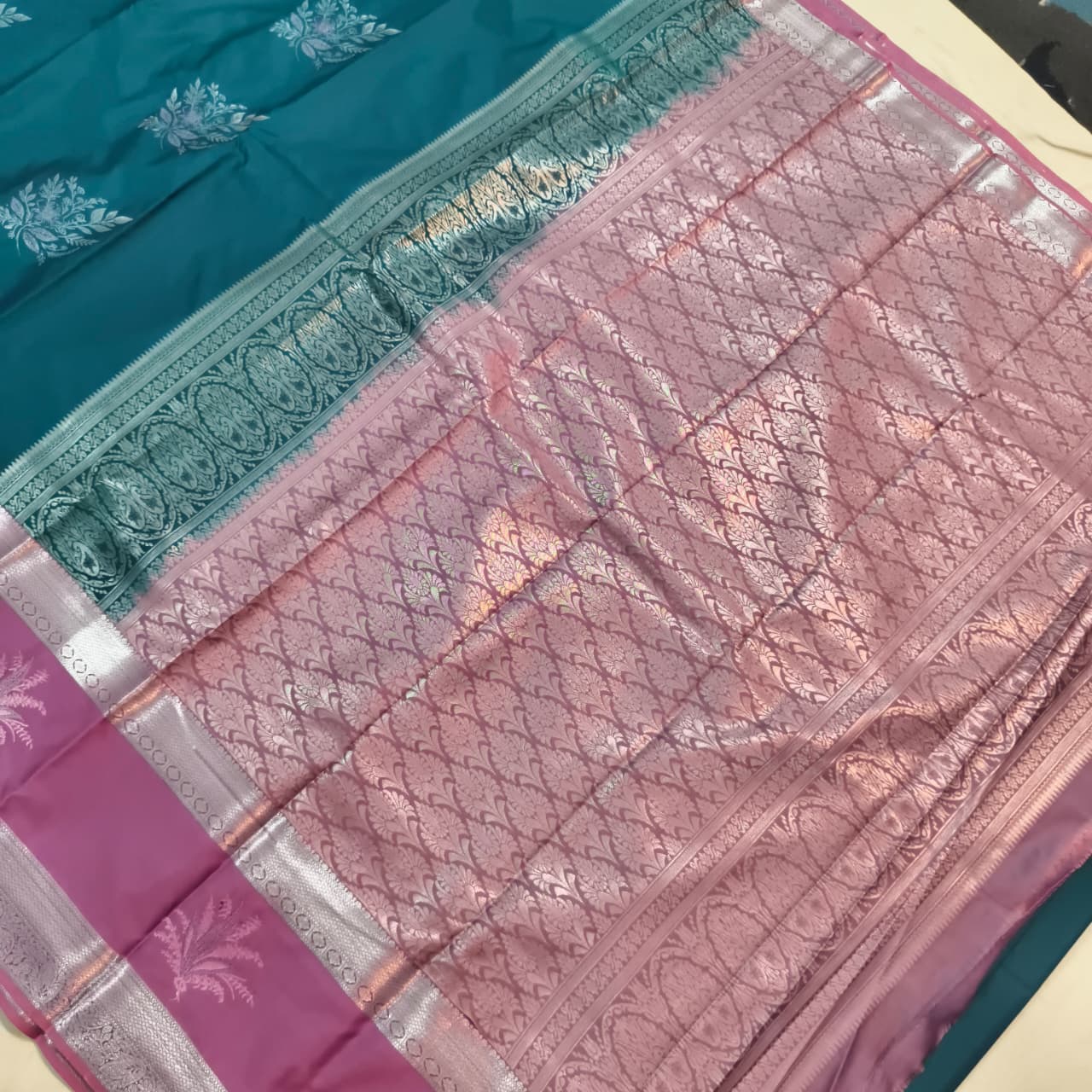 Semi Kanchipuram Silk Saree- Peacock Blue and Light Pink Contrast