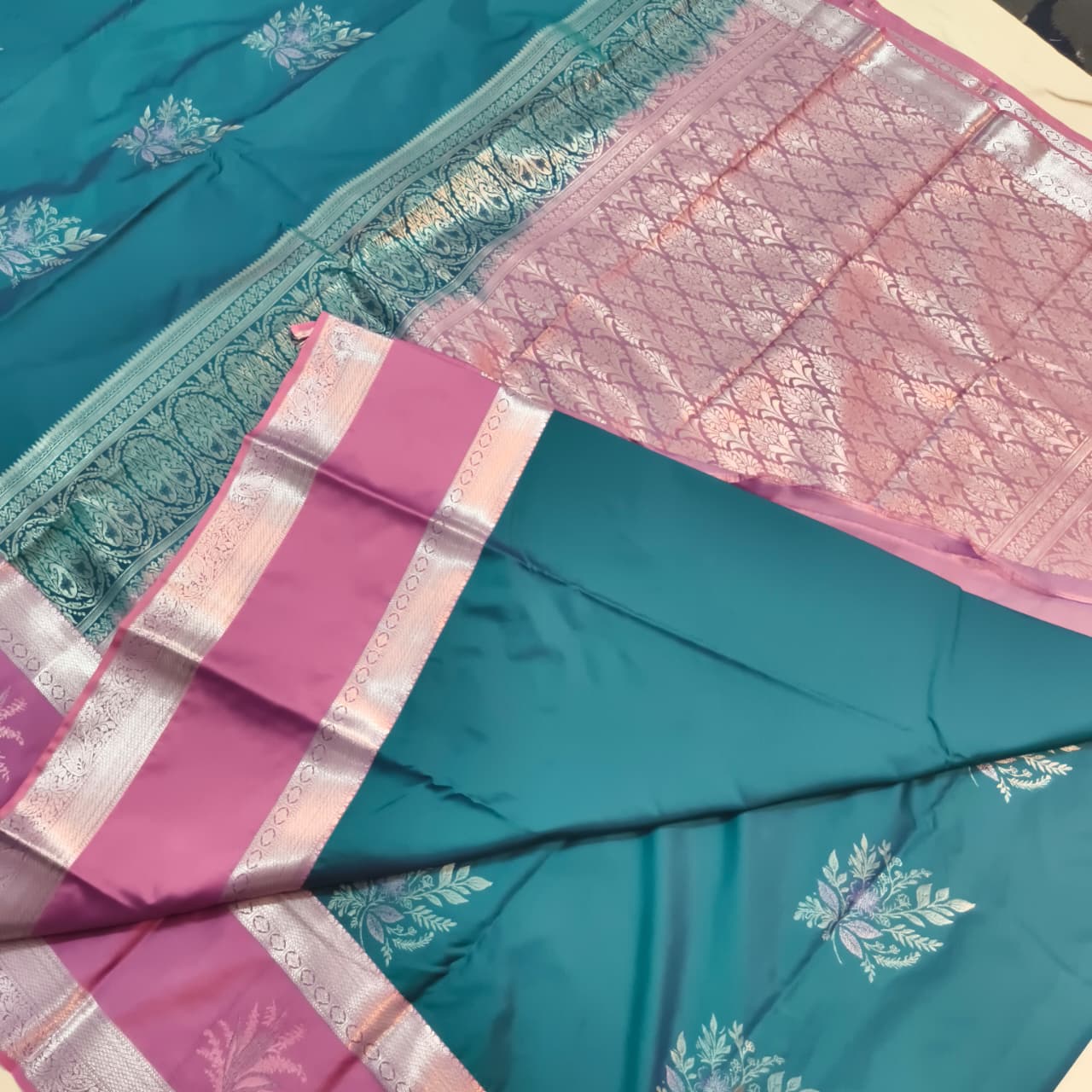 Semi Kanchipuram Silk Saree- Peacock Blue and Light Pink Contrast