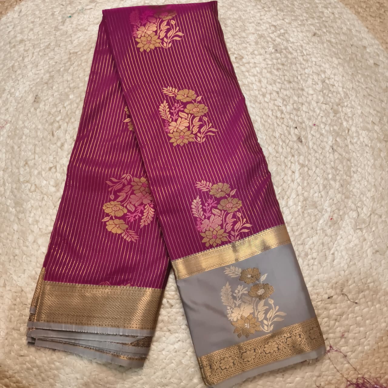Semi Kanchipuram Silk Saree- Deep Magenta and Grey Contrast