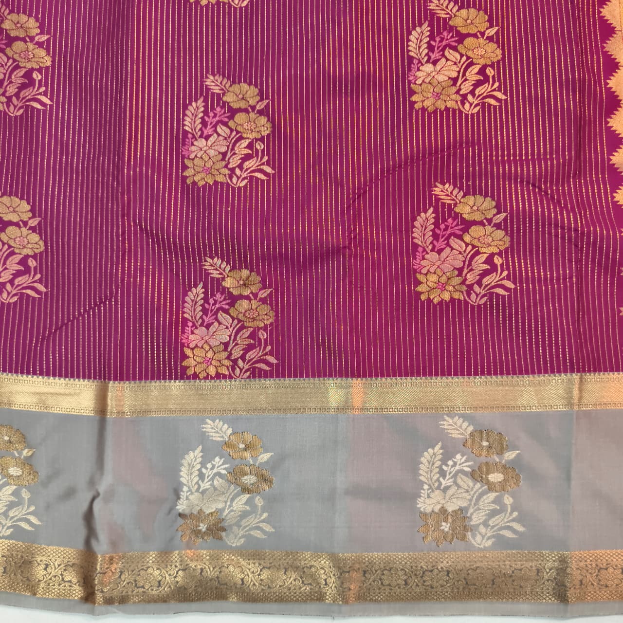 Semi Kanchipuram Silk Saree- Deep Magenta and Grey Contrast