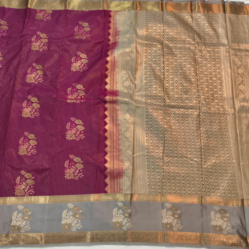 Semi Kanchipuram Silk Saree- Deep Magenta and Grey Contrast