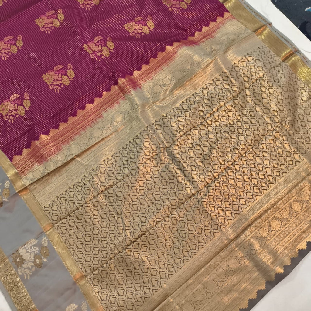 Semi Kanchipuram Silk Saree- Deep Magenta and Grey Contrast