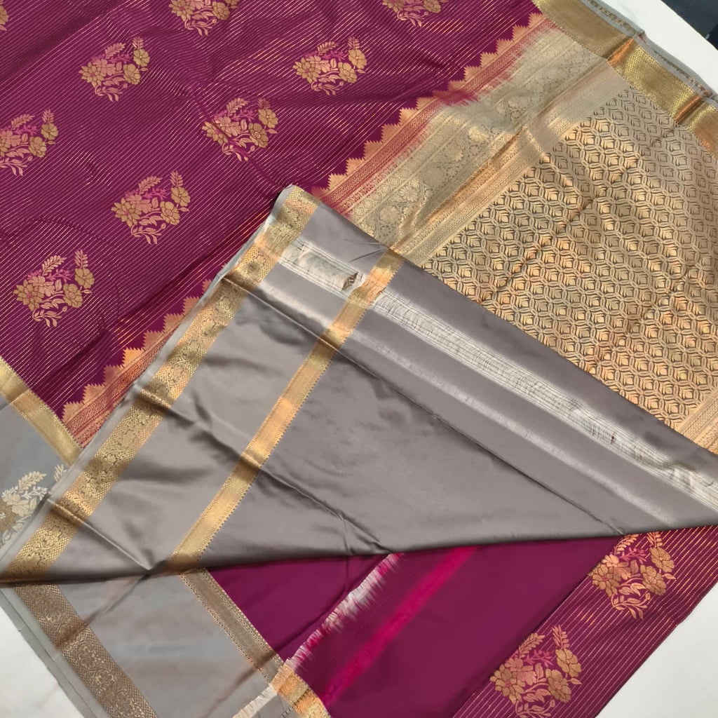 Semi Kanchipuram Silk Saree- Deep Magenta and Grey Contrast