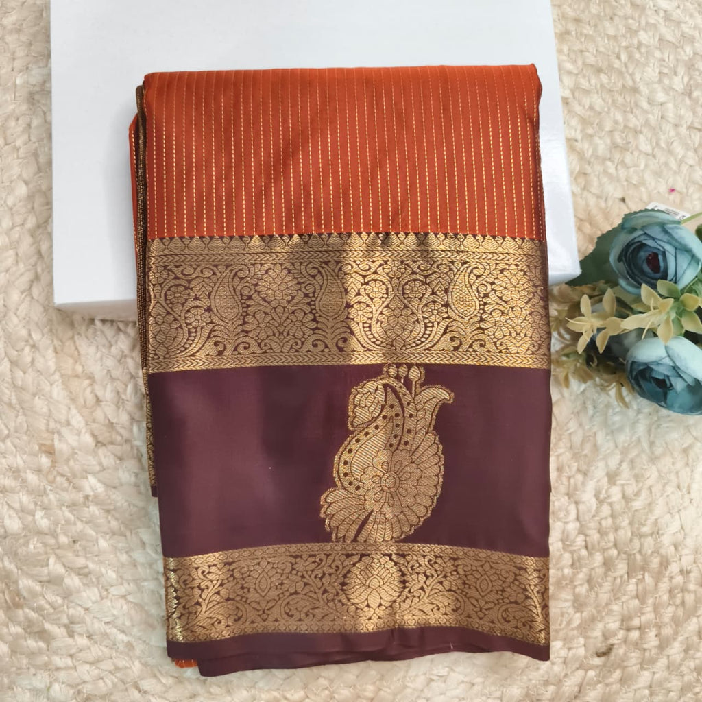 Semi Kanchipuram Silk Saree- Rust Orange and Deep Chocolate Contrast