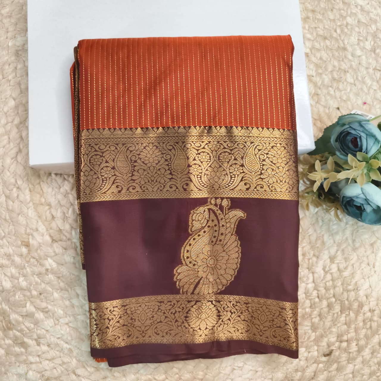 Semi Kanchipuram Silk Saree- Rust Orange and Deep Chocolate Contrast