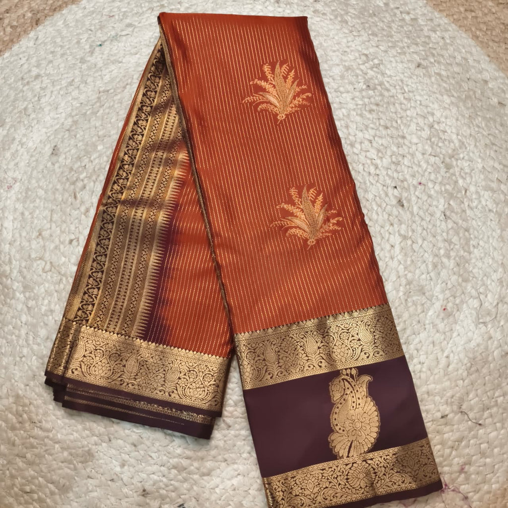 Semi Kanchipuram Silk Saree- Rust Orange and Deep Chocolate Contrast