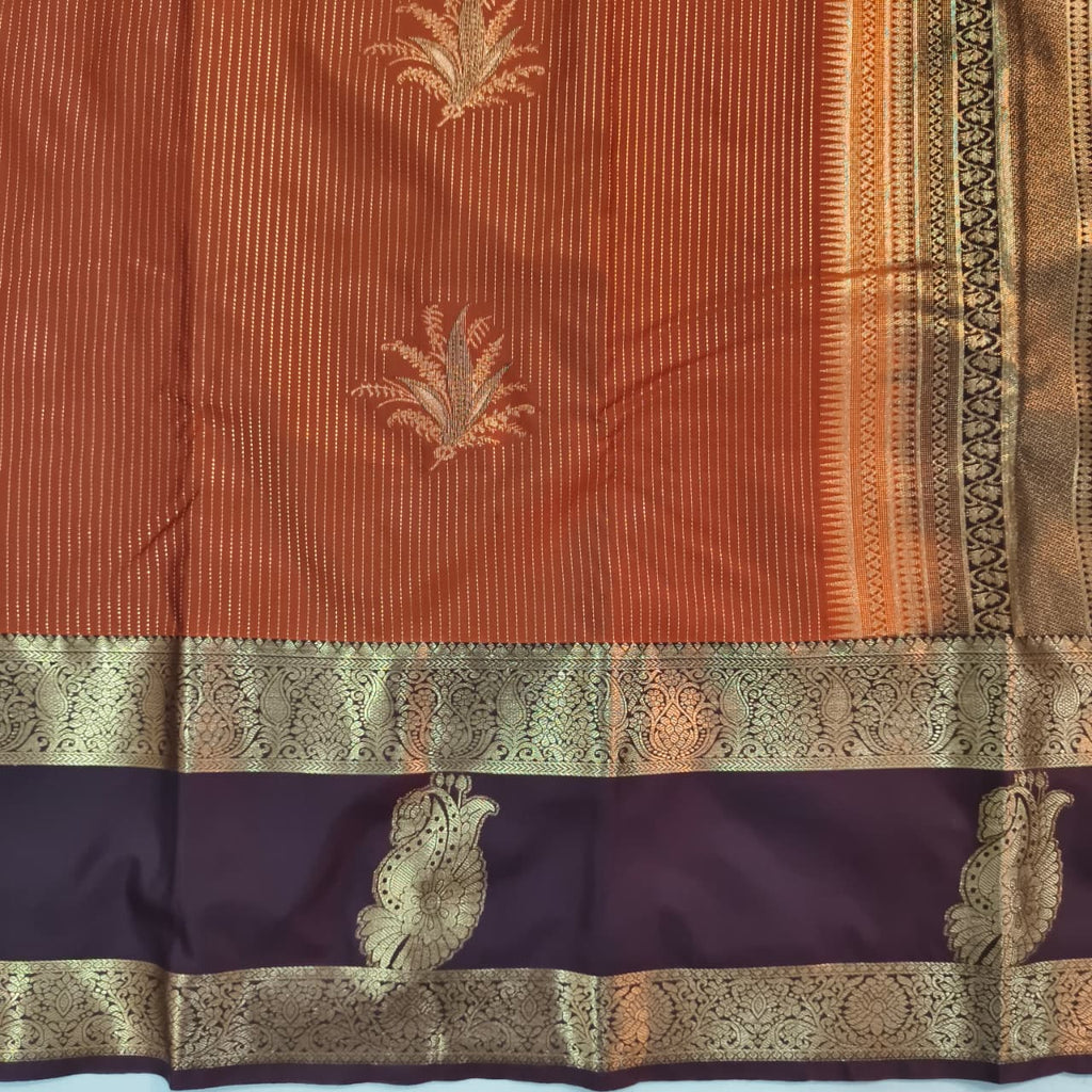 Semi Kanchipuram Silk Saree- Rust Orange and Deep Chocolate Contrast