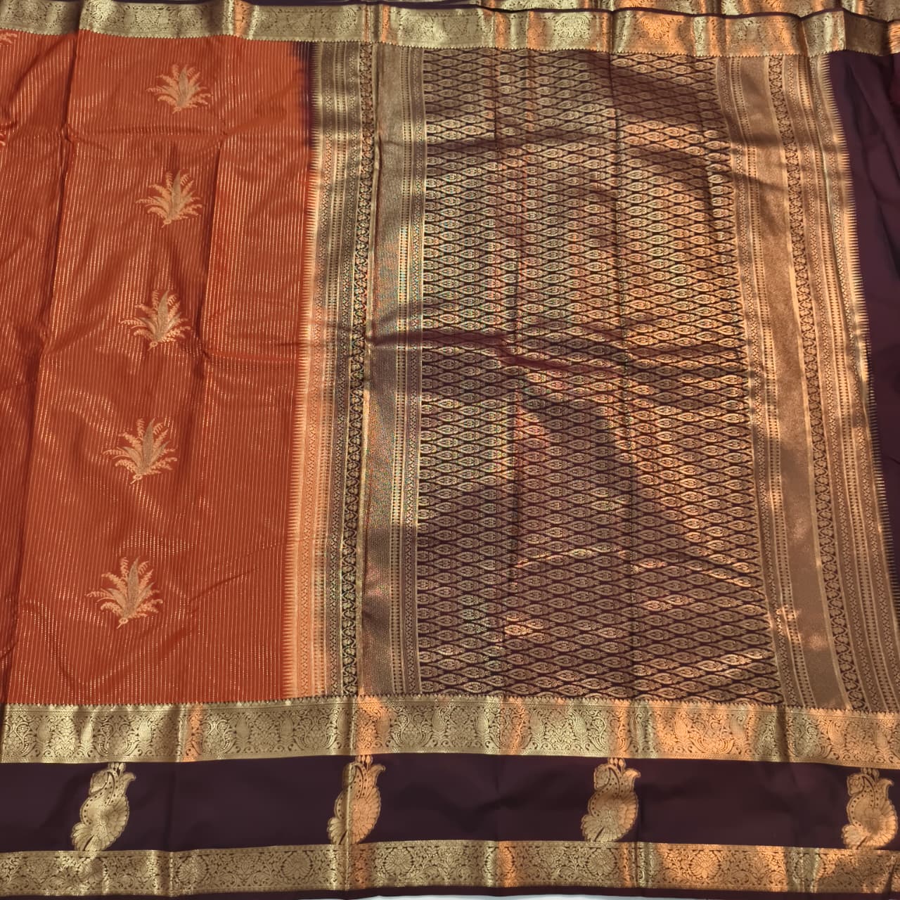 Semi Kanchipuram Silk Saree- Rust Orange and Deep Chocolate Contrast