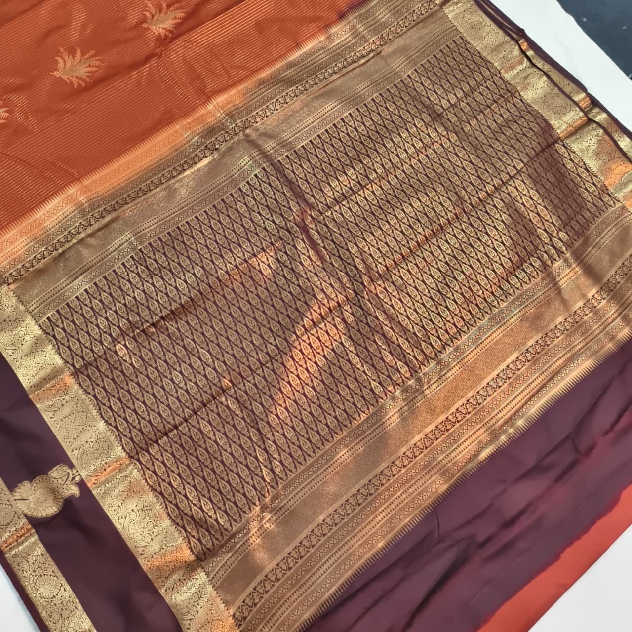 Semi Kanchipuram Silk Saree- Rust Orange and Deep Chocolate Contrast